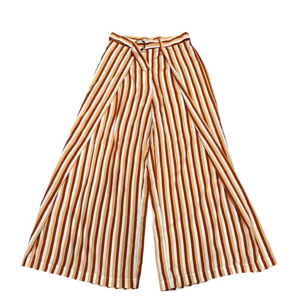 Monki Striped Wide Leg Pants Orange Yellow Retro 70s Small NEW Boho Vacation